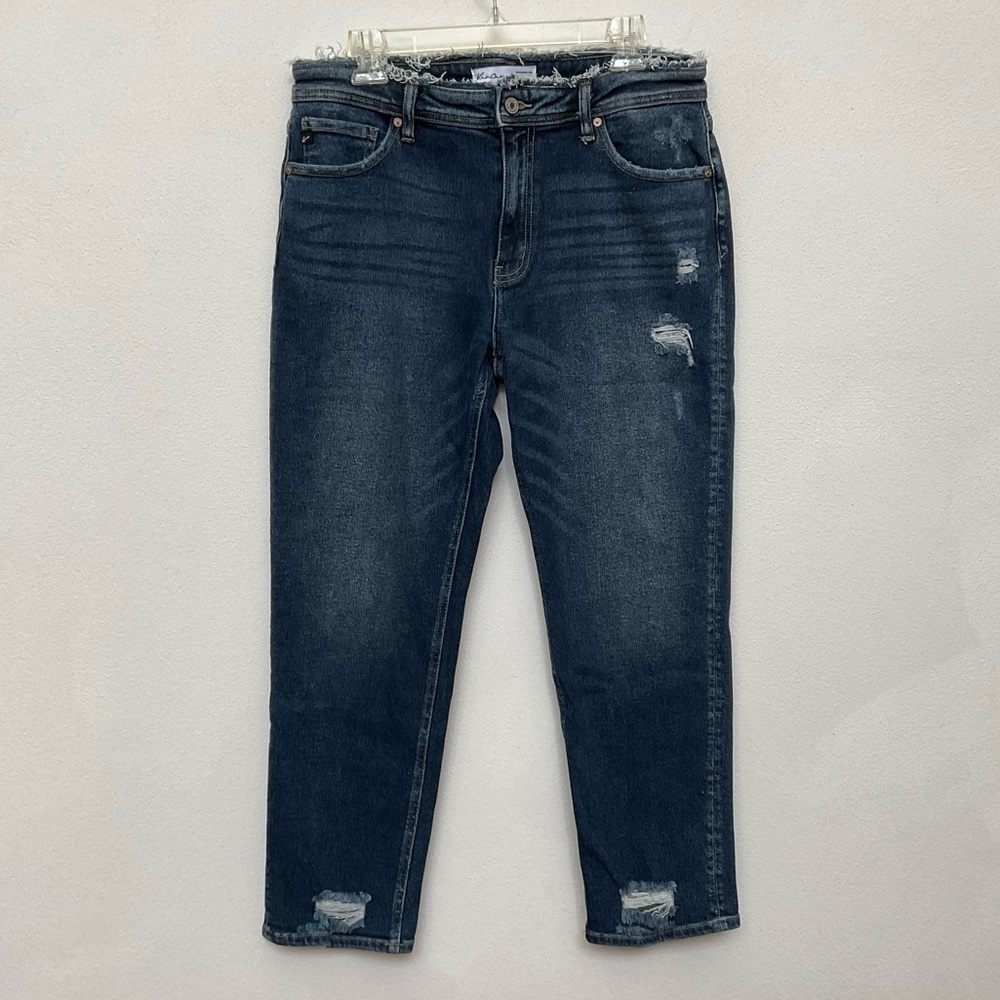 Kancan Dark Wash Distressed High Rise Boyfriend Fit Jeans Size 29 Raw Edge